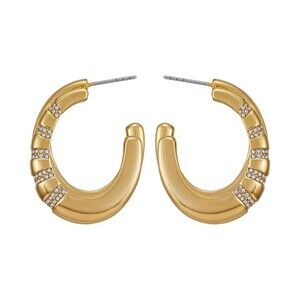 GUESS Gold Tone Pave Glass Stone Huggie Hoop Earrings Post Back 1.4” Drop